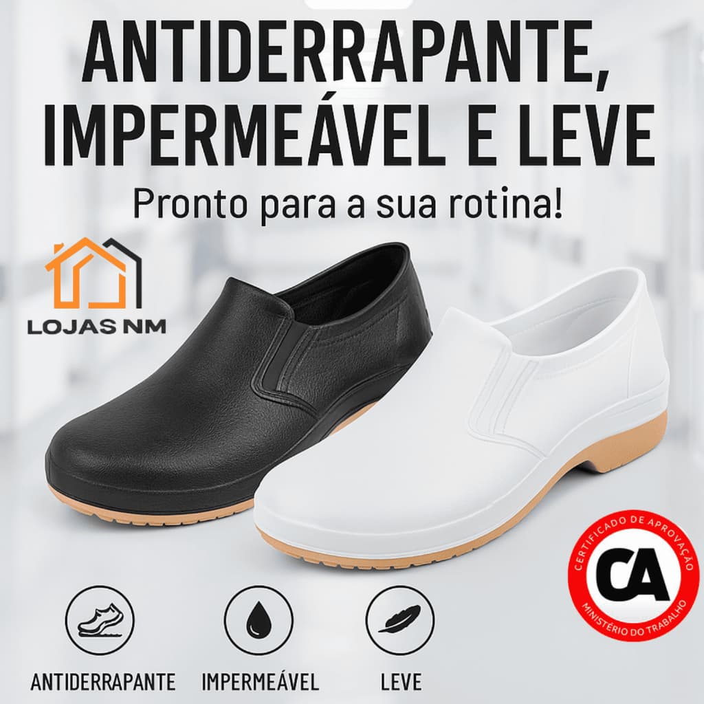 Sapato Profissional Antiderrapante Cartom 1000 Com CA EPI Hospitalar Limpeza Confortável Impermeável