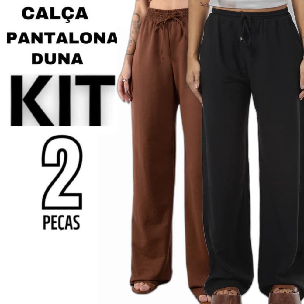 Kit 2 Calças Pantalona Feminina Cintura Alta Tecido Duna com Bolso Elegante