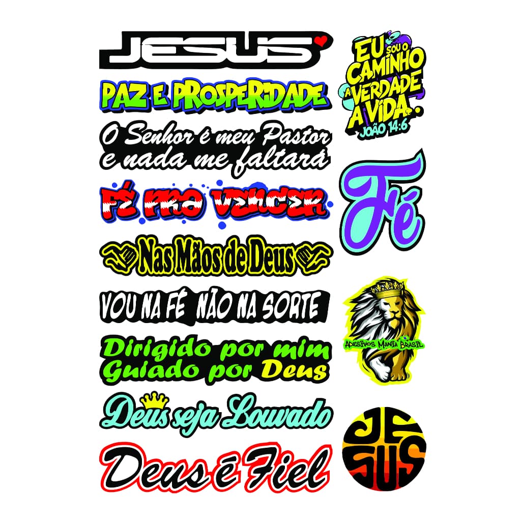 Cartela com 13 adesivos de frase religiosa para carro moto bike capacete
