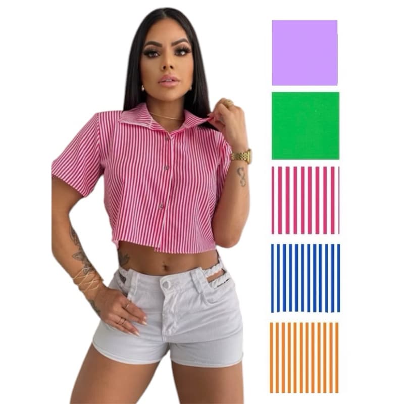 Camisa Social Femenina curta listrada e liso tendência de cropped