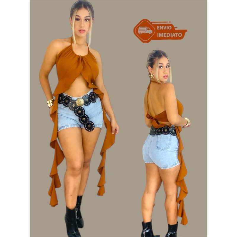 Blusa Crooped  com babados Femenino Túnica MODA BOHO CHIC  tendência 2025