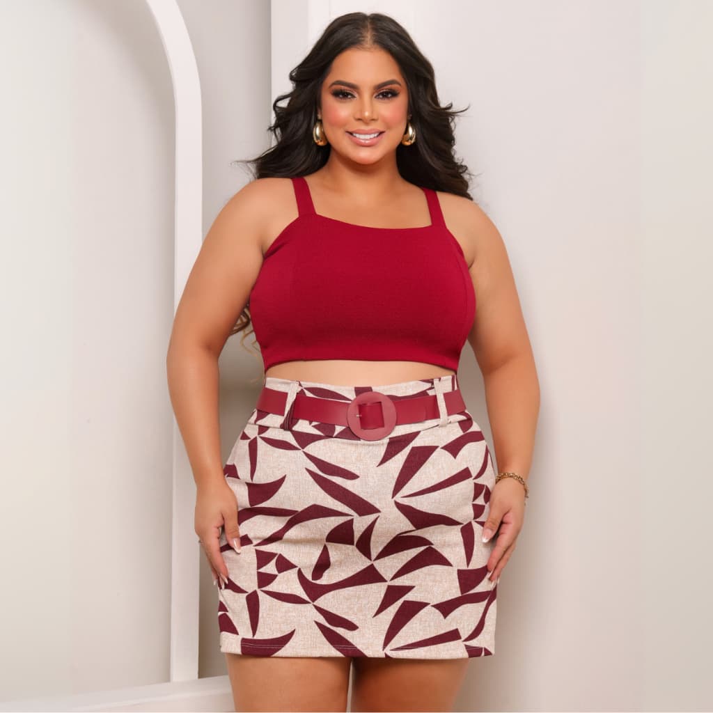 Conjunto Feminino Cropped Alcinha + Short Saia com Cinto Conjuntinho Plus Size