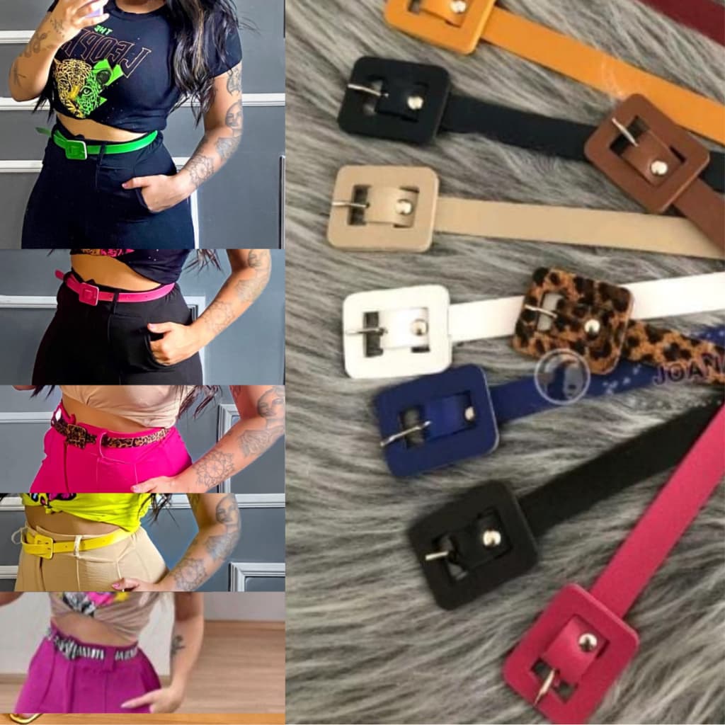 Cinto feminino fino colorido fivela quadrada