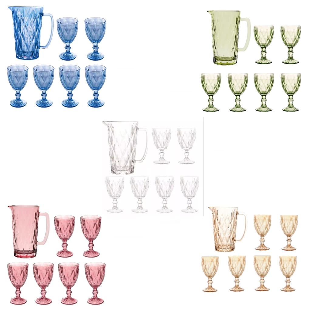 kit 7 Peças 1 Jarra de Vidro 1 L + 6 Taças de 340ml diamond cores, Água Suco