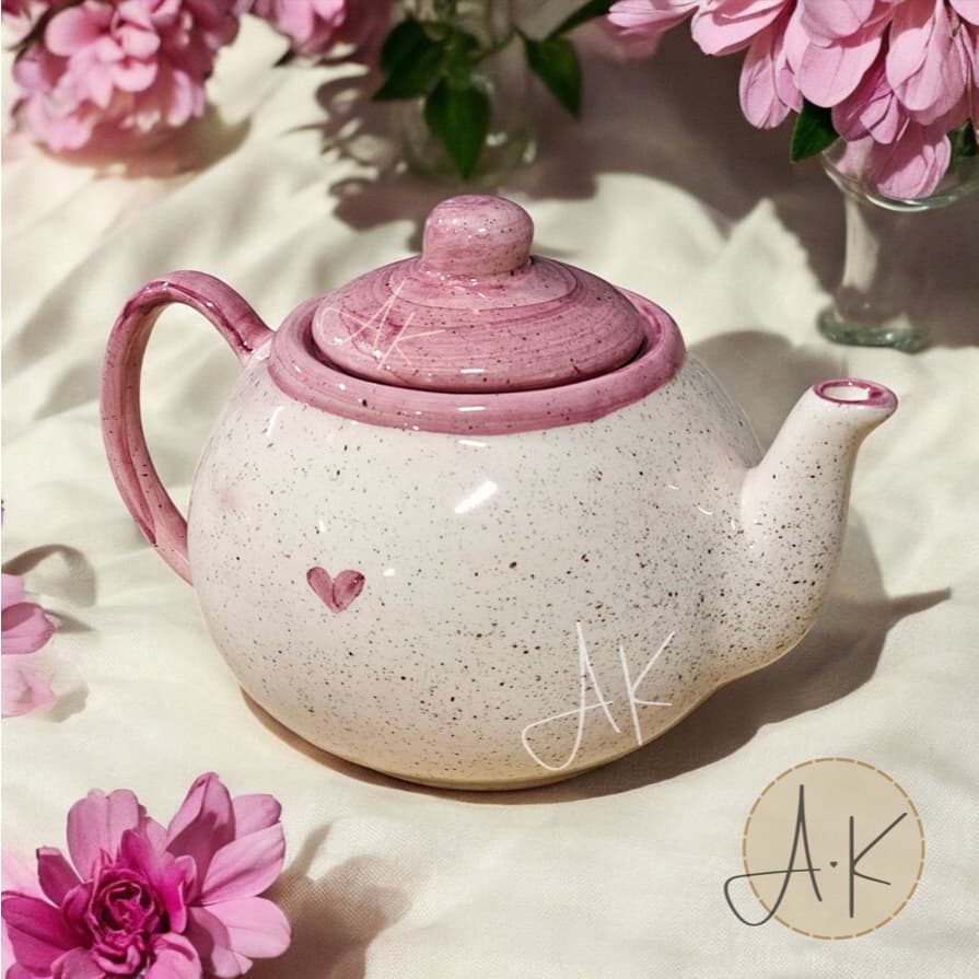 Bule de Cerâmica Chaleira Chá Café Linha Rosa Coração c/ Tampa 700ml