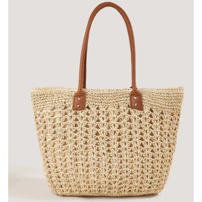 BOLSA FIBRA ARTIFICIAL ESTILO TELA TRANSADA E FORRADA POR DENTRO COM ALÇA DE COURO,BOLSA DE PRAIA