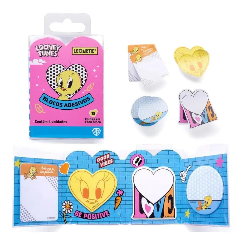 BLOCO ADESIVO LOONEY TUNES - CARTELA 3 DOBRAS C/ 4 BLOCOS 15F CADA LEOARTE