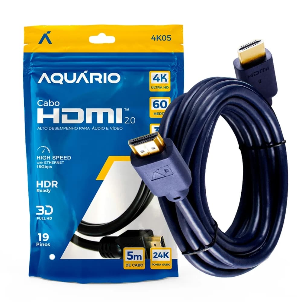Cabo HDMI 5 Metros Alto Desempenho 4K Aquário