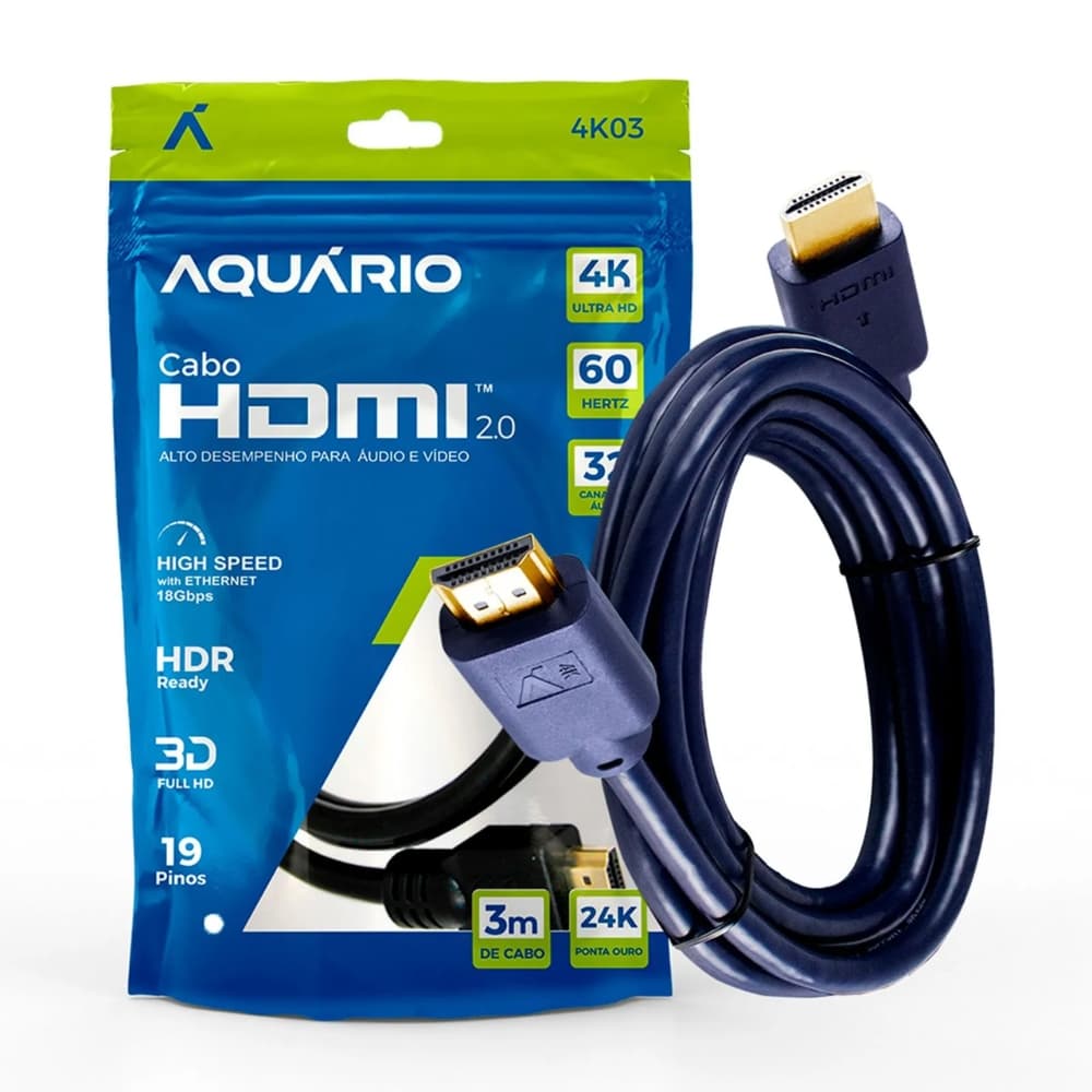 Cabo HDMI 3 Metros Alto Desempenho 4K Aquário