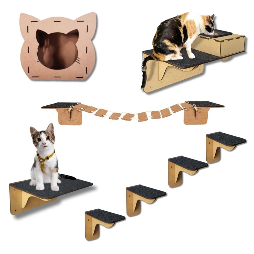 Kit playground para Gatos 8 Peças com comedor arranhador nicho ponte degrau rede brinquedo feito em mdf