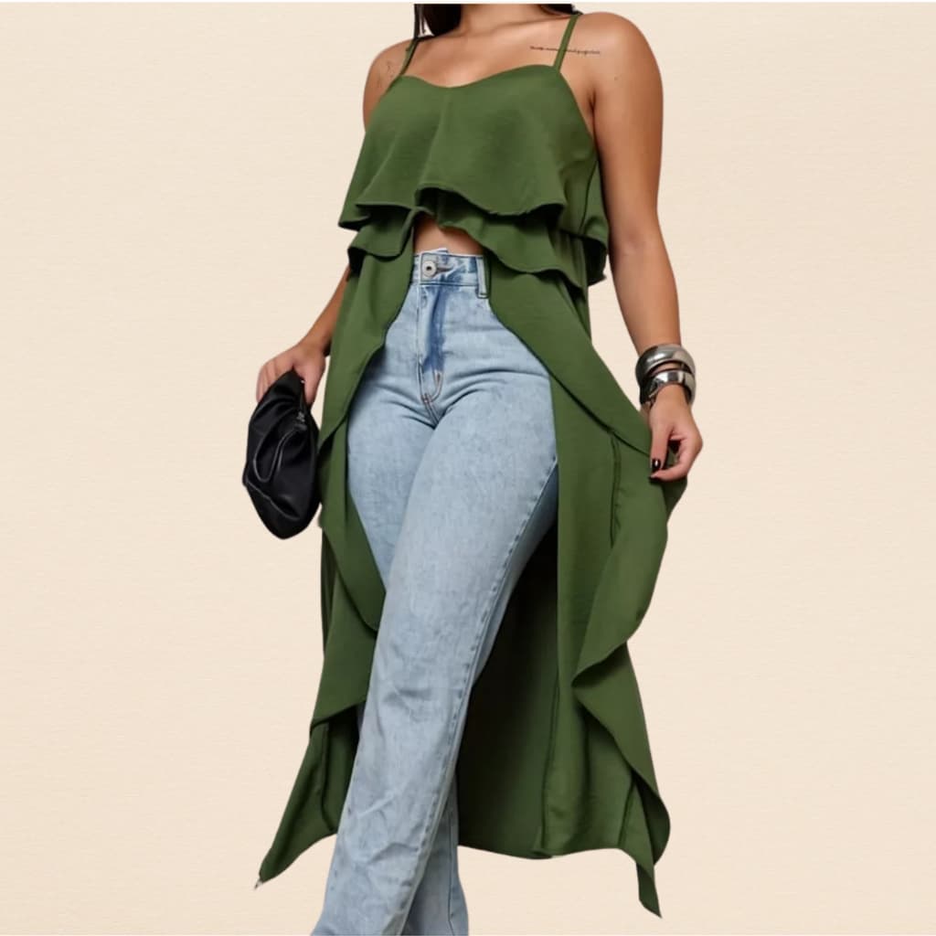 Blusa Babado Longa Regata Alça Bata Feminina Tunica