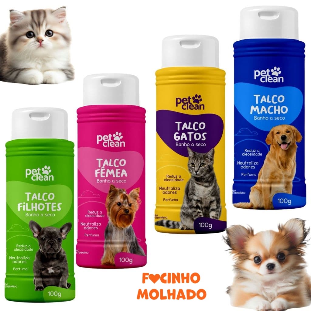 Talco Banho a Seco para Cachorros e Gatos Pet Clean Vários Modelos 100g