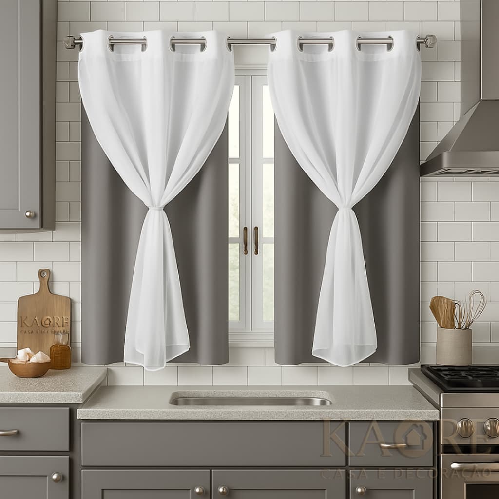 Cortina Blackout PVC com Tecido Estilo Voil 2,20x1,40 Cozinha – 100% bloqueio de luz e térmica