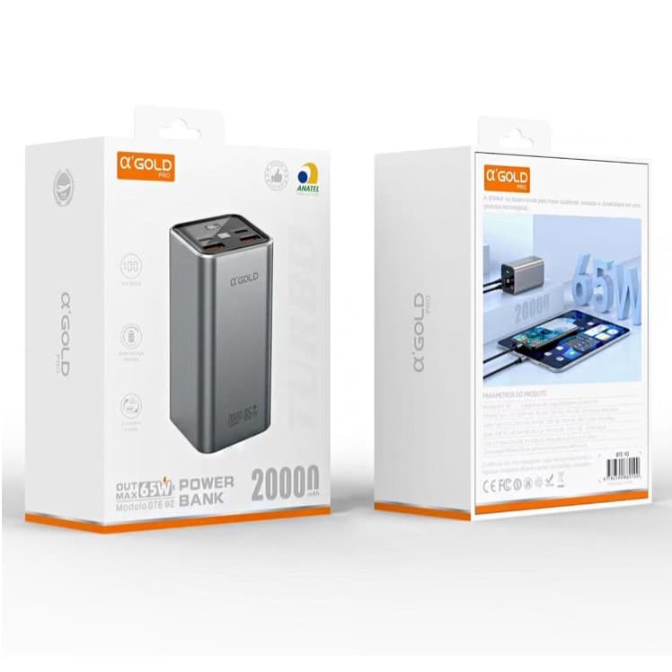 Power Bank Carregador Portátil 20000mAh 65W Com 2 Entradas E 4 Saída BTE-92