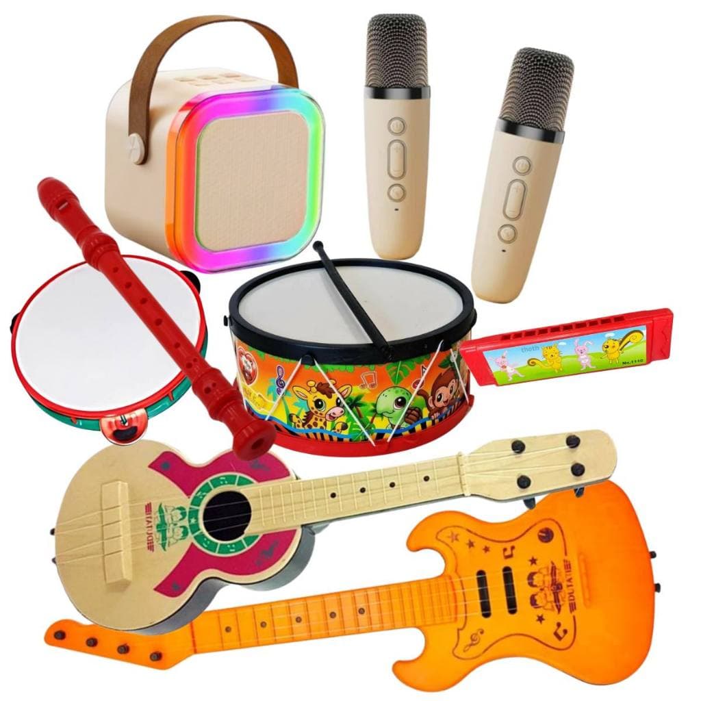 Kit 7 Instrumentos Caixa De Som Infantil Viola Educativa Brinquedo Pandeiro Tambor 2 Microfones Fluata Gaita Infantil