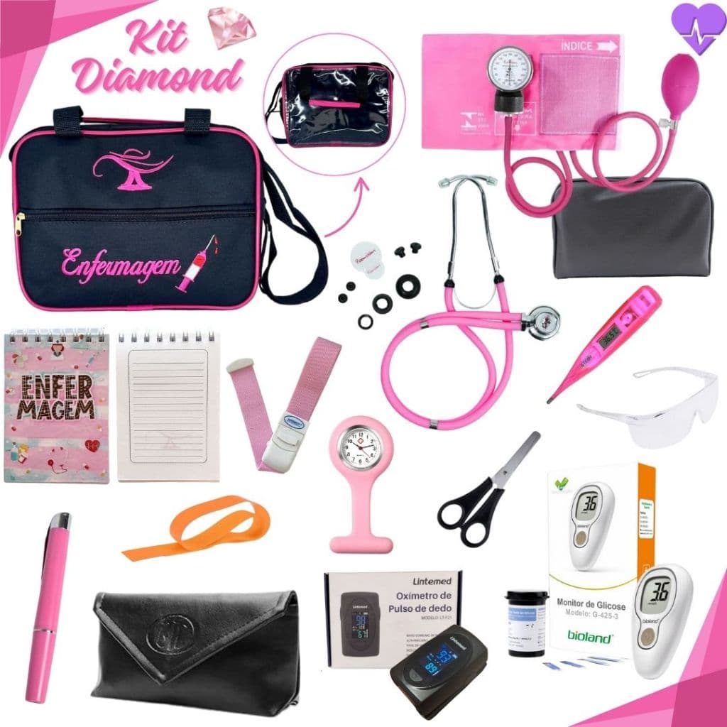 Kit de Enfermagem Completo com 15 itens para Estágio e Laboratório com Glicosímetro, Oxímetro, Relógio de Lapela, etc.