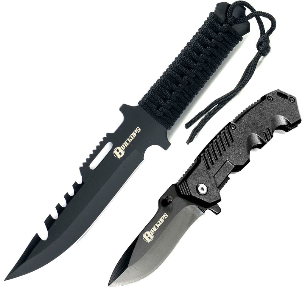 Faca Tática Sobrevivência Pesca Caça Selva K-06B + Canivete Tático Semi Automático KN-1 BLACK OPS