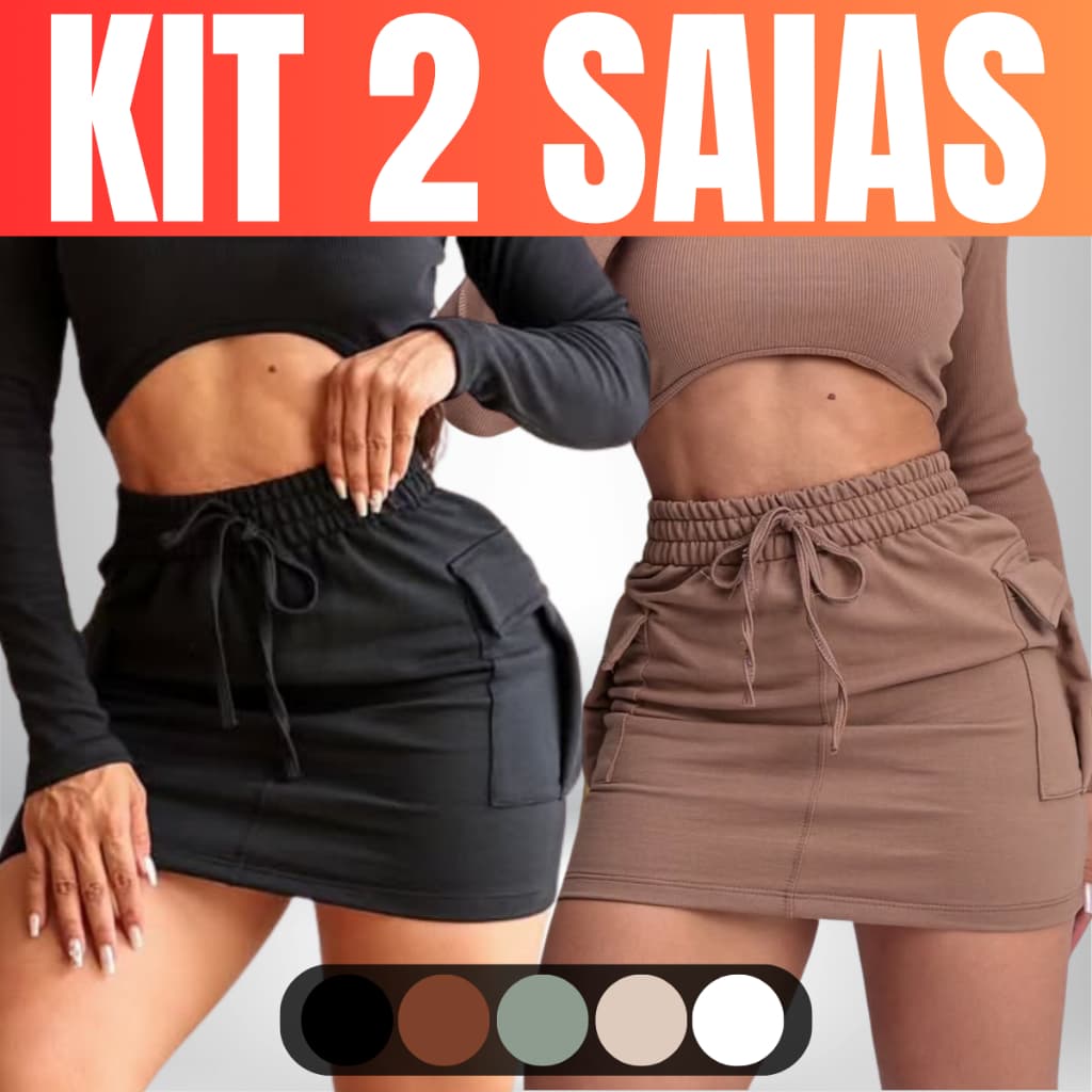 KIT 2 Saia Cargo Moletom Moletinho Feminina Cintura Alta com Bolso
