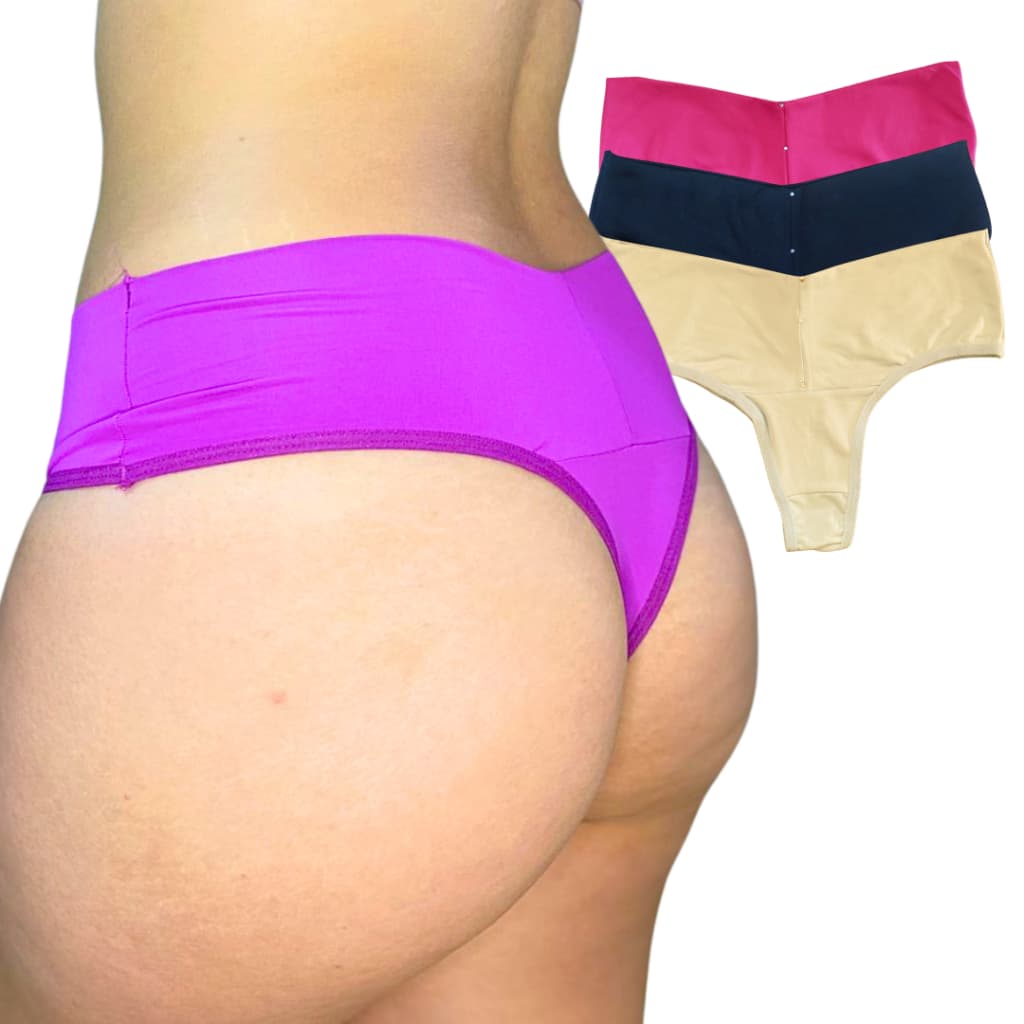 Kit 3 Calcinha Cós Alto Fio Duplo Confortável Calcinha Fio de Microfibra Levanta Bumbum