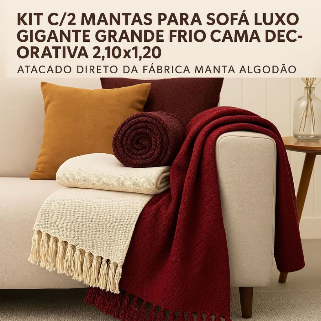 Kit Com 2 Mantas Para Sofá Luxo Gigante Grande Frio Cama Decorativa 2.10x1.20 Direto da Fábrica Manta Algodão