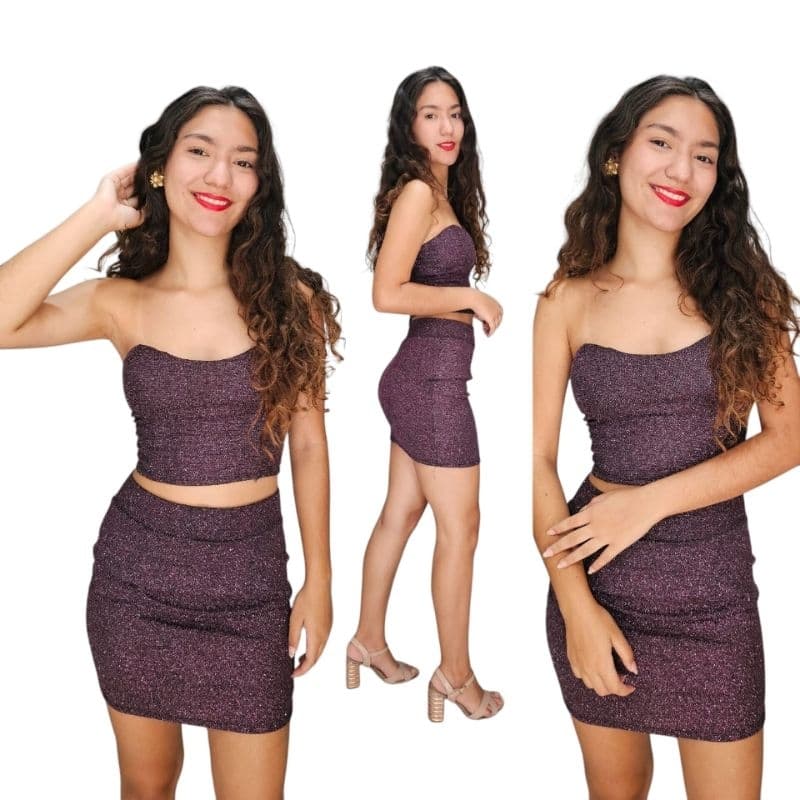 Conjunto Feminino Com Cropped e Saia Festa Brilho Tomara Que Caia Com Saia