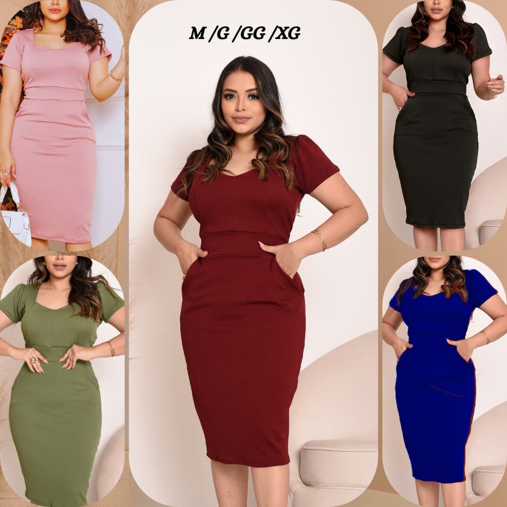 Vestido Mídi Feminino Casual Secretaria Manga Curta Bolso Crepe Malha Moda Evangélica Social Plusize