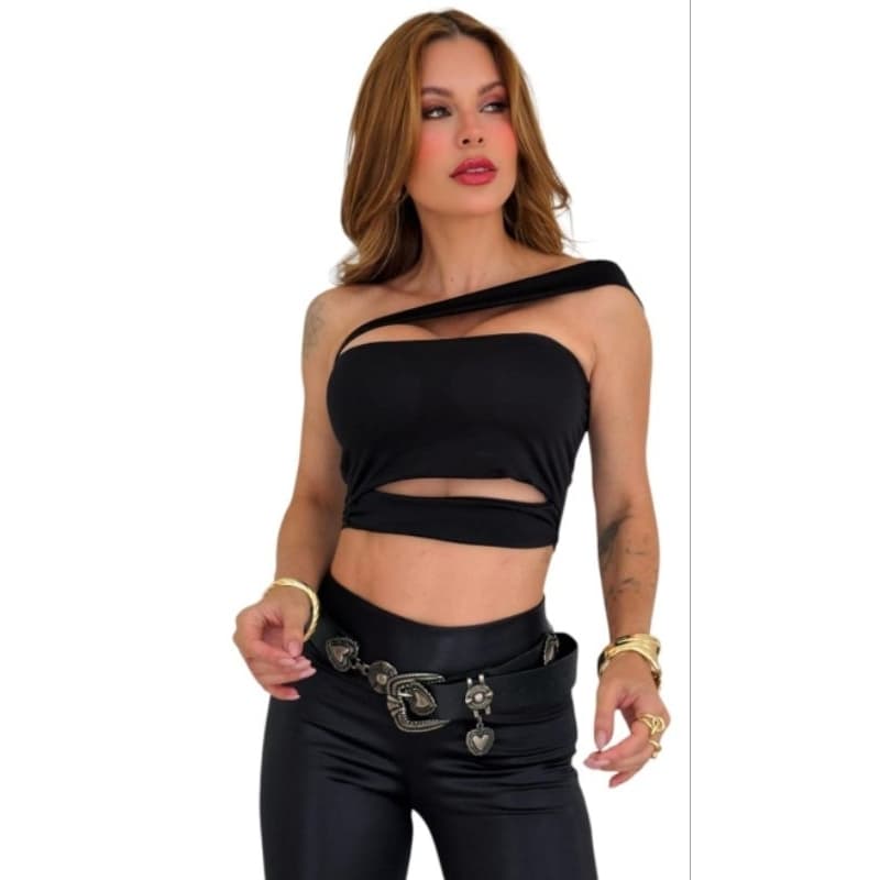Cropped Blusa Feminina Faixa Recorte  Assimétrico Com Bojo