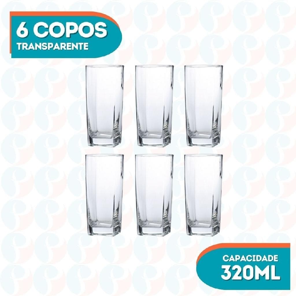 Jogo 6 Copos Quadrados Texas 320ml Vidro Transparente Luxo Drinks Água Festas Presente Sofisticação