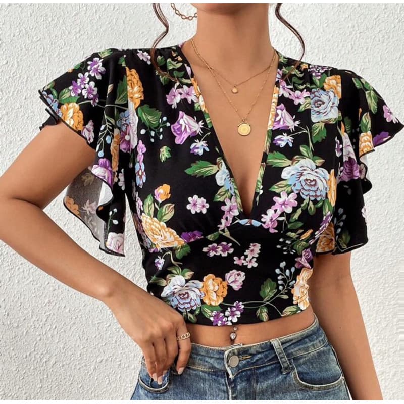 Blusa Floral Manga De Borboleta