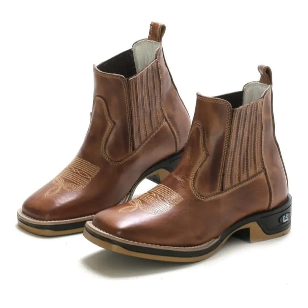 Botina Masculina Bico Quadrado Couro Legítimo Premium Rustico Robusta Bordado Conforto Durabilidade