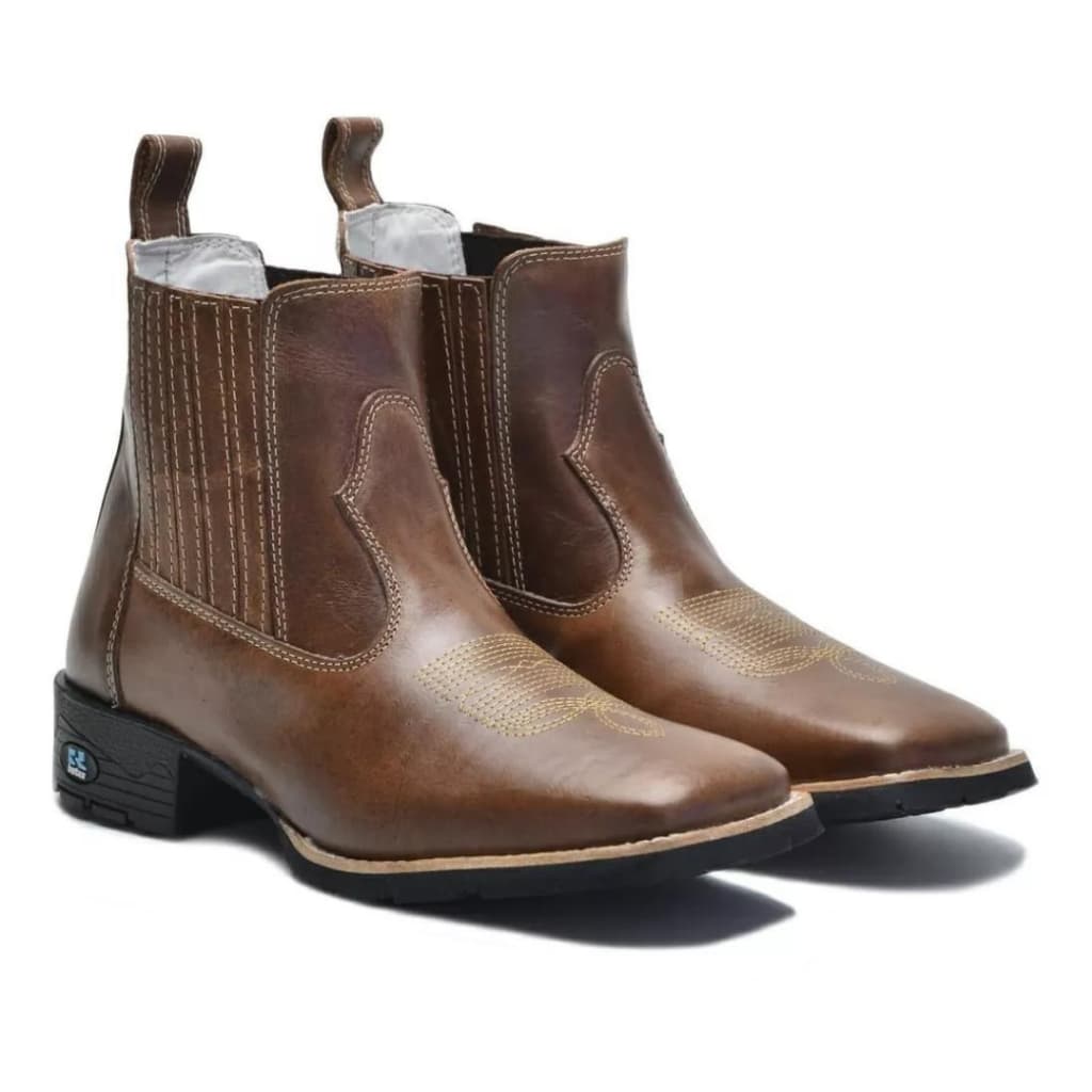 Botina Masculina Robusta Couro Legítimo Premium Detalhe Bordado Sola Costurada Bico Quadrado