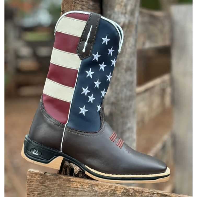 Bota Texana Country Couro Legítimo Bordado EUA Western Robusta Conforto Bico Quadrado Sola Costurada