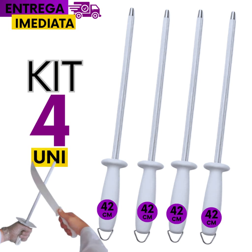 Kit 04 Chaira Amolador Afiador Facas 12" Polegadas Açougueiro Aço Inox Profissional 42cm Linha Resistente Premium