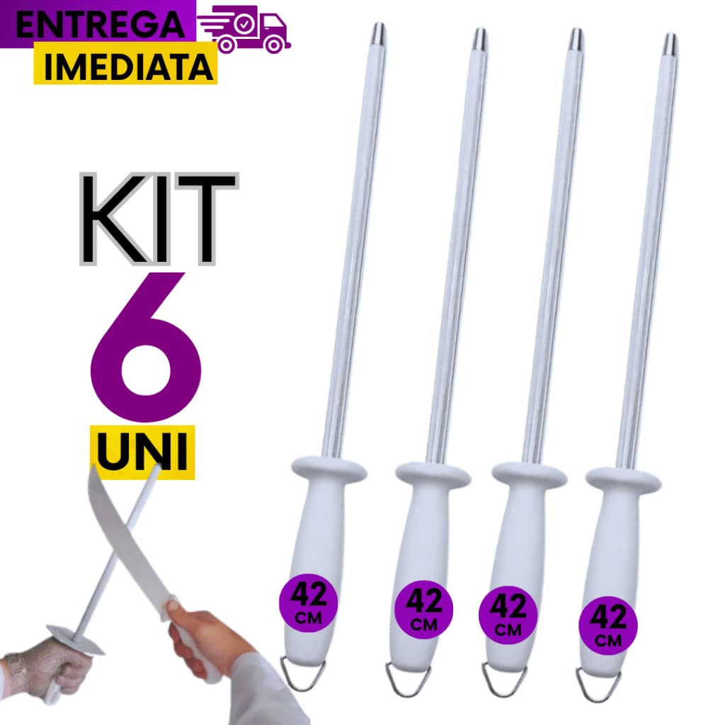 Jogo Kit 06 Chaira Amolador Afiador Facas 12" Polegadas Açougueiro Aço Inox Profissional 42cm Linha Resistente Premium