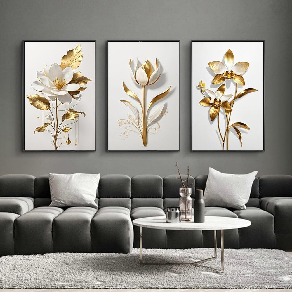 Quadro 3 peças floral branco e dourado Sala Escritorio estilo moderno