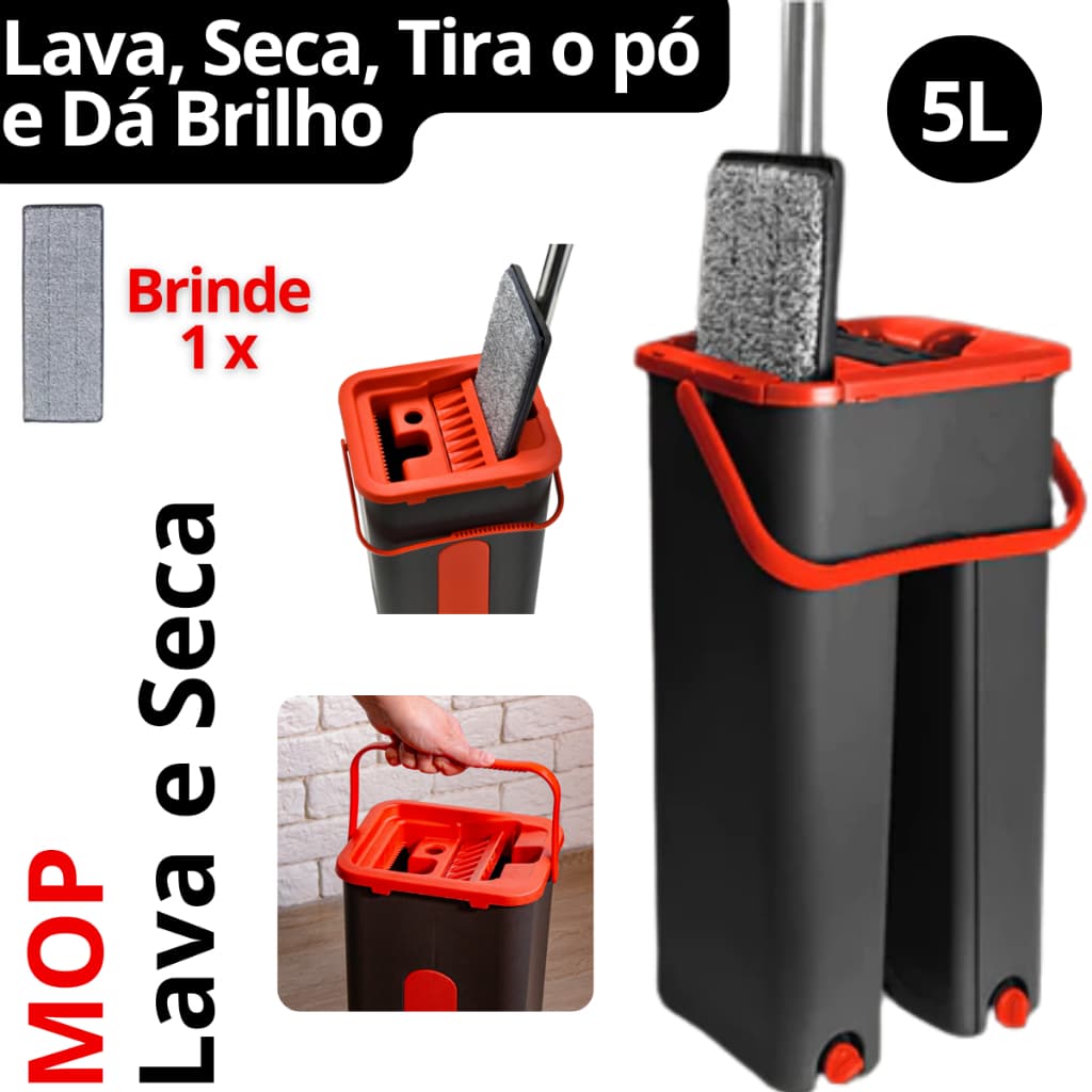 Mop de Limpeza Flat com Balde 2 em 1 – Lava e Seca + 1 Refil Grátis