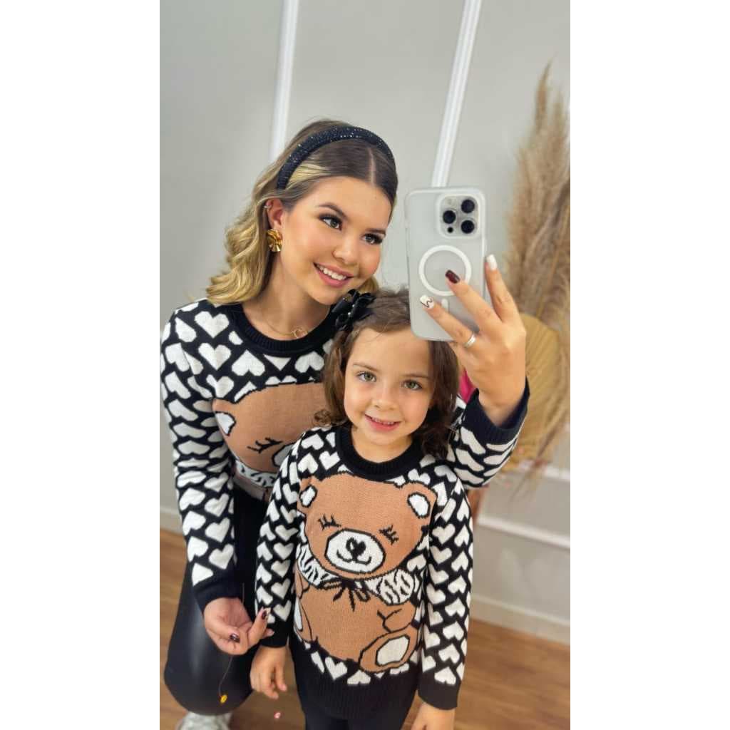 Kit Conjunto Blusa Feminina de Tricot Look Mãe e Filha Infantil Estampa Urso Lançamento Moda Inverno