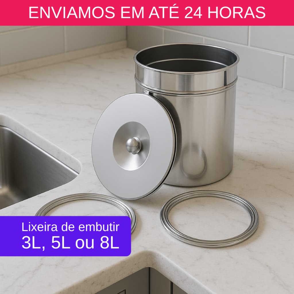 Lixeira Inox Embutir 3L 5L 8L Cozinha e Bancadas Gourmet Granitos