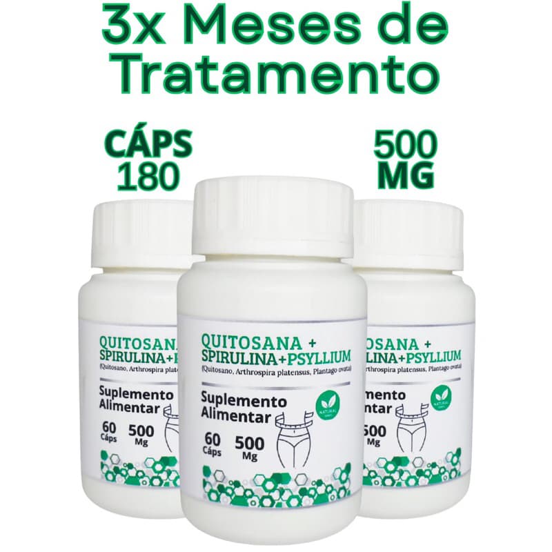 3x Frascos Quitosana + Spirulina + Psyllium Suplemento Natural | 180 Cápsulas 500 Mg