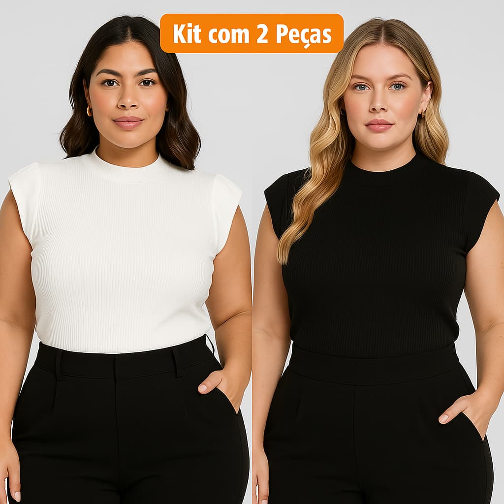 kit 2 Blusas Feminina Muscle tee Plus Size Ribana Canelada Gola Redonda Básica Social Elegante All Curve