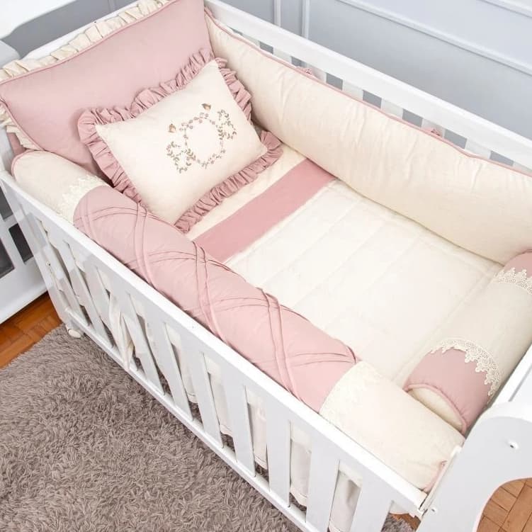 Kit Berço Luxo Linho Rose  100% Algodão Americano Menina Enxoval de Bebê Pássaros Floral 8 Pçs