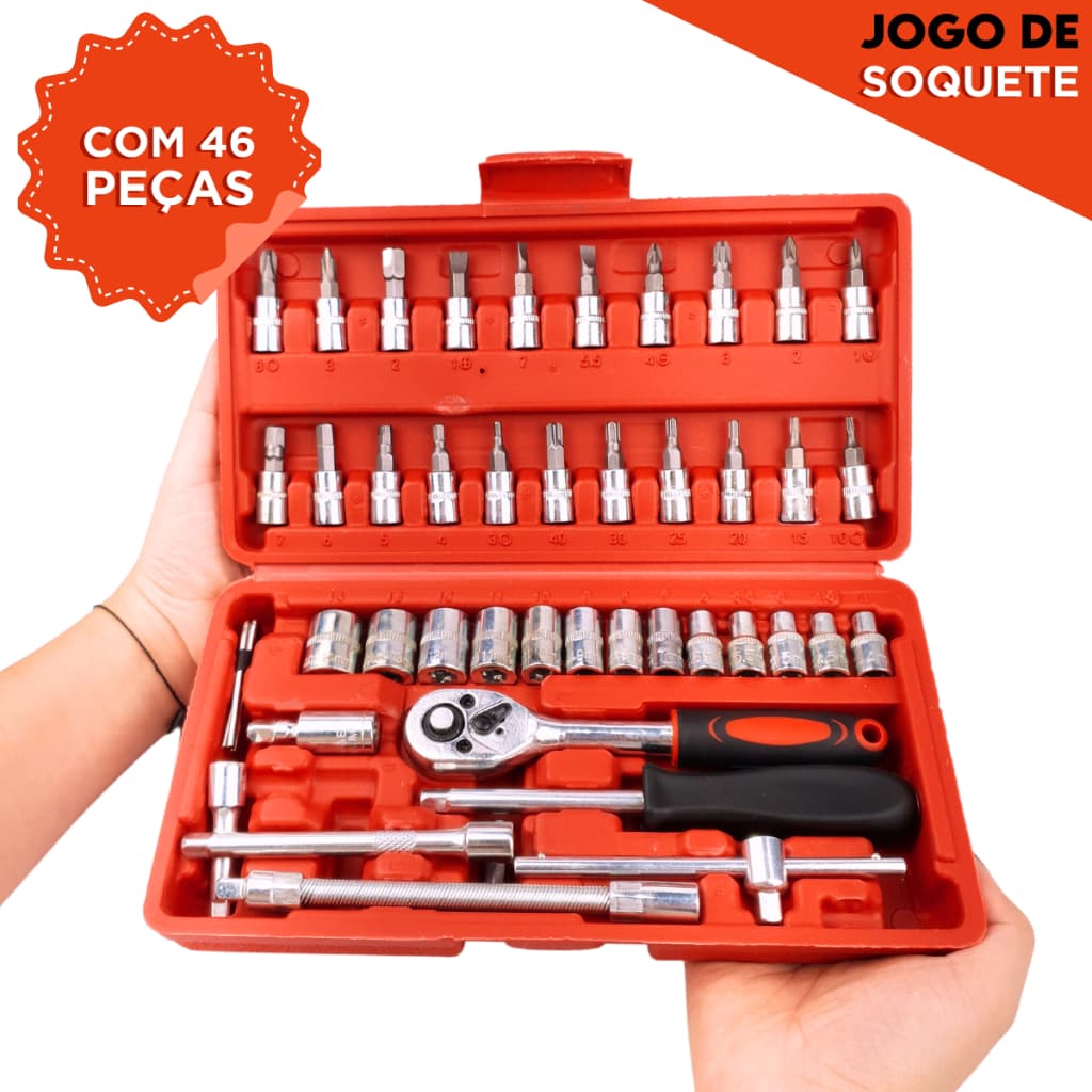 Kit Completo de Ferramentas Profissional Com 46 Peças Catraca, Soquete e Chave Allen - SHEFA