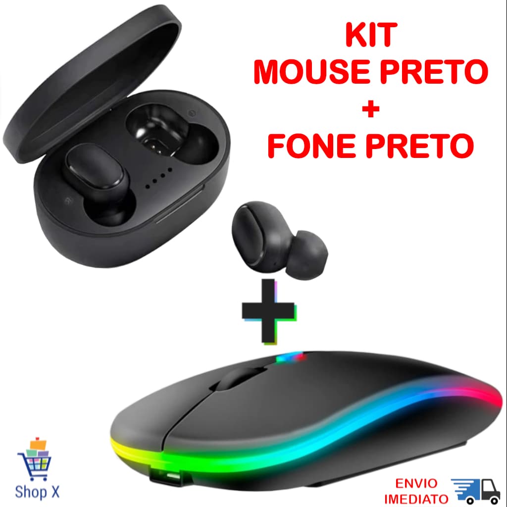 Kit Mouse Sem Fio Recarregável mais Fone Airdots Sem Fio Estéreo Bluetooth 5.0 Universal