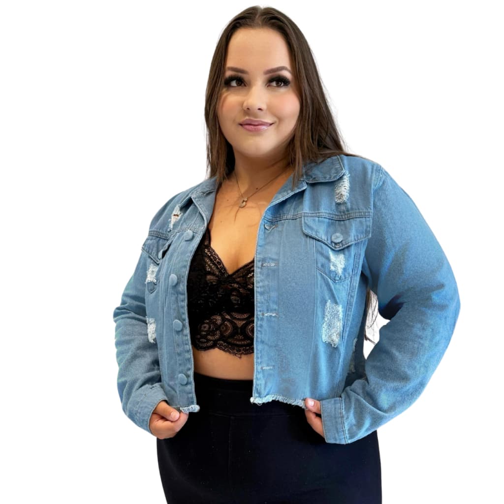 Jaqueta Cropped jeans  Plus Size Feminino Barra Desfiada moda G1 G2 G3 G4 outono inverno