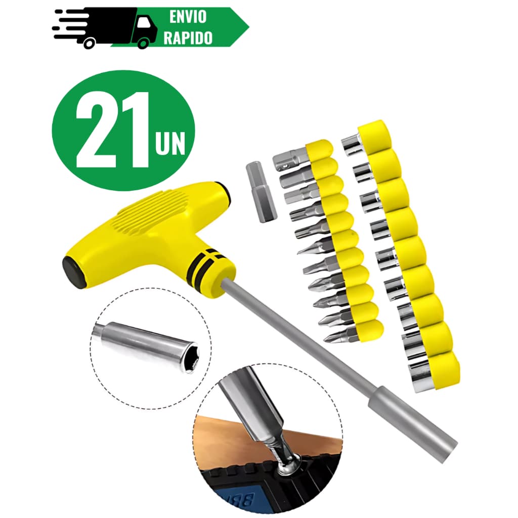 Kit chave Soquete cabo Tipo T 21 Peças chave estrela Philips fenda e de boca Jogo de Bits  Fenda Philips  Fenda Philips