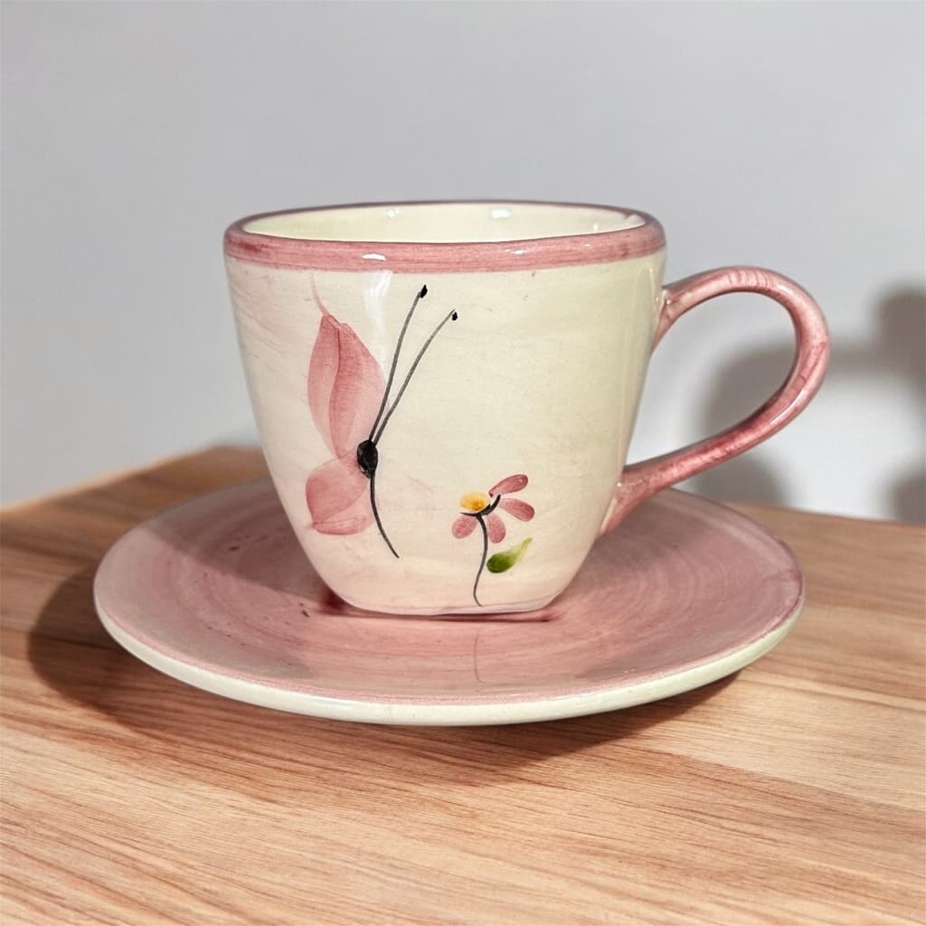 Xícara de Chá 200ml Com Pires Rosa Borboleta Pintado á Mão