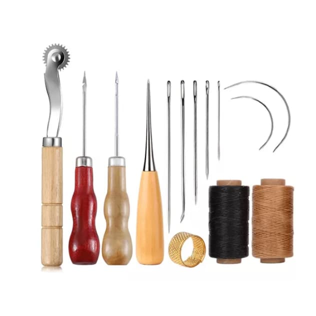 Kit Artesanato Costura Couro Lona Agulha Linha Sovela Marcador Carretilha
