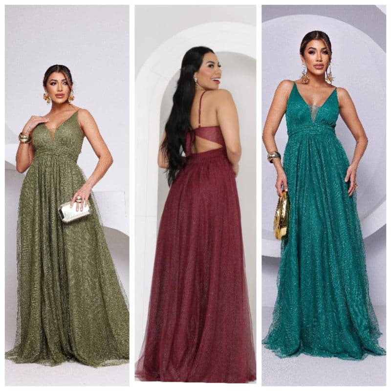 Vestido De Festa Con alza e decote Luxo Heshel Tule Com Brilho Elegante Madrinhas Noivas Formatura e Gala