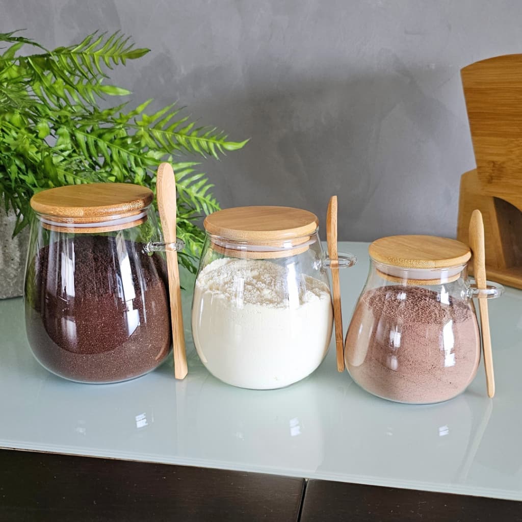 Kit 03 Pote De Vidro Oval Tampa Bambu Hermético Com Colher 410ml 690ml 1050ml SEM ADESIVO MIMI