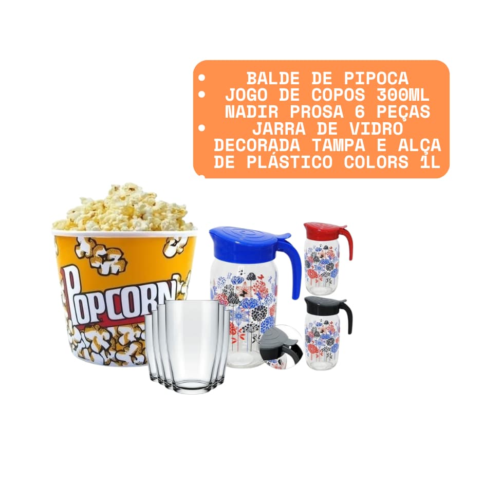 Kit Netflix Multycoisas, jarra de suco, balde de pipoca, 6  Copos 300ml Nadir